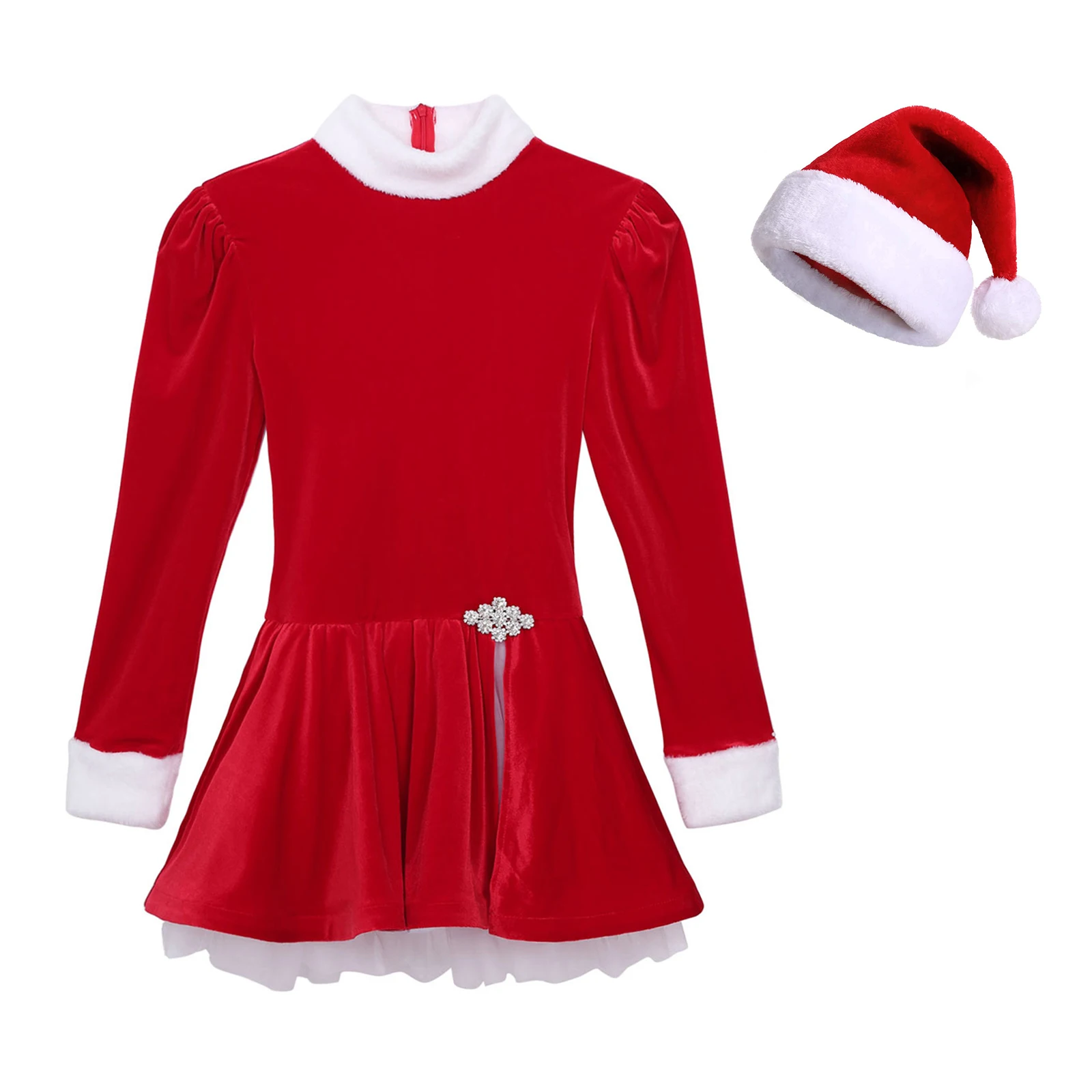 

Women Christmas Santa Claus Cosplay Costume Long Sleeve Figure Skating Ballet Dance Velvet Mesh Leotard Tutu Dress with Xmas Hat