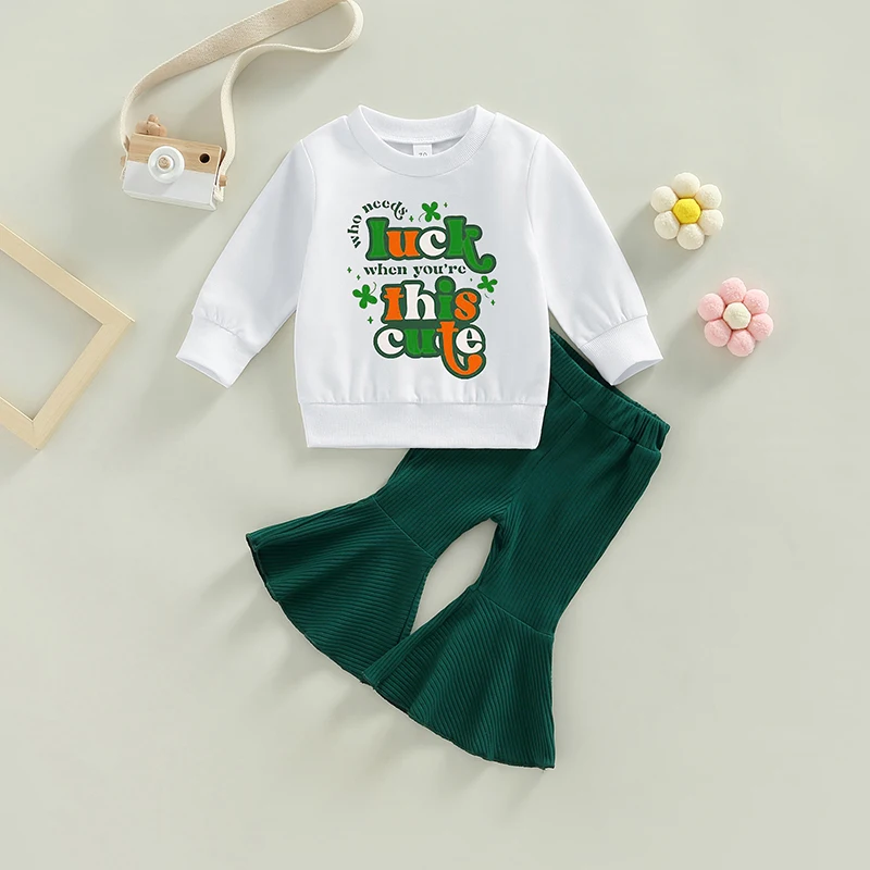 

2023-11-23 Lioraitiin Kid Girls St. Patrick's Day Clothes Set Long Sleeve Letters Shamrock Print Sweatshirt with Flare Pants Set