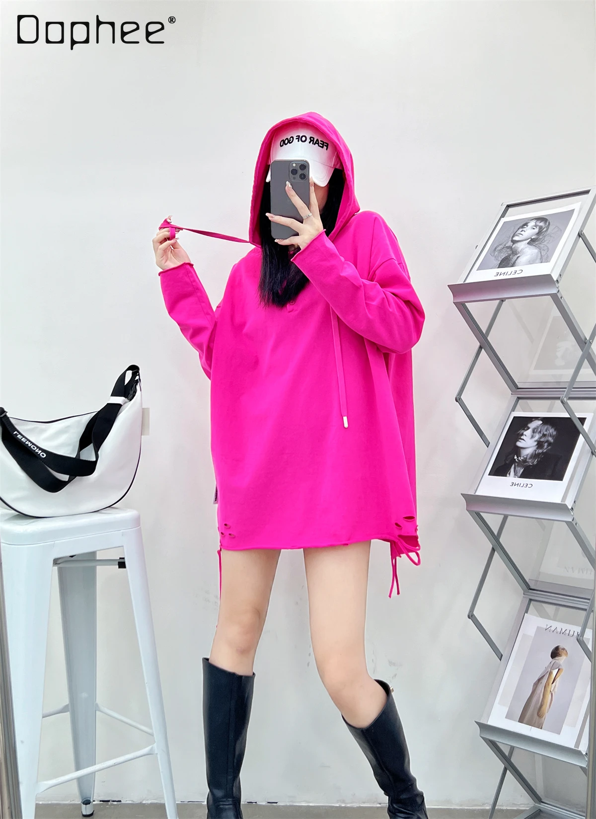 

Oversized Long Sleeve Ripped Cotton White T-shirt Female Autumn Winter Loose Mid-Length Hooded Solid Color Bottoming Shirt Top