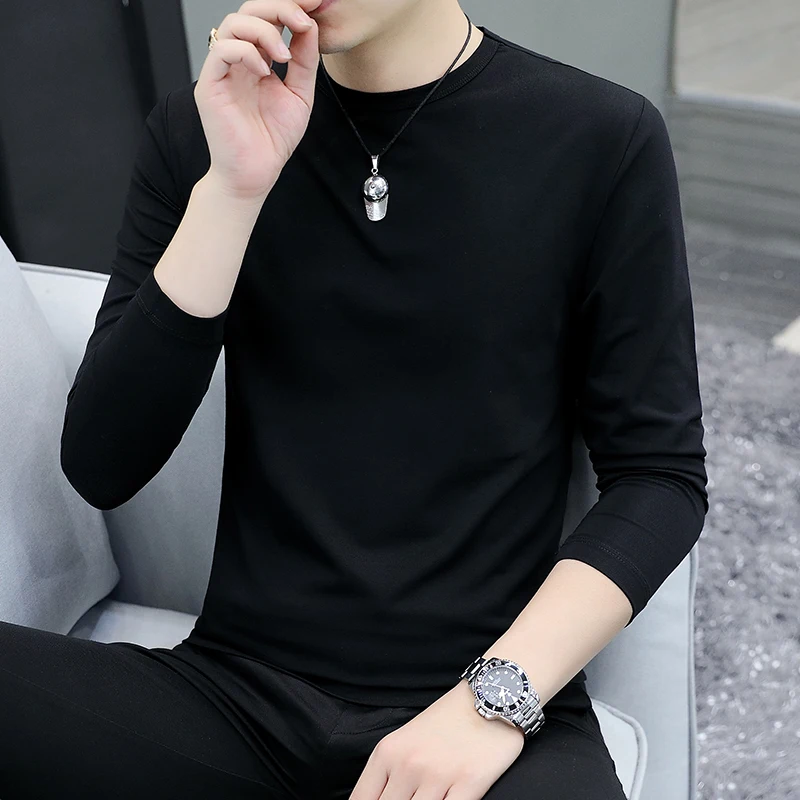 

Весенне-осенняя Базовая рубашка с круглым вырезом, приталенная однотонная универсальная мужская одежда с длинным рукавом и черной футболкой, 5072