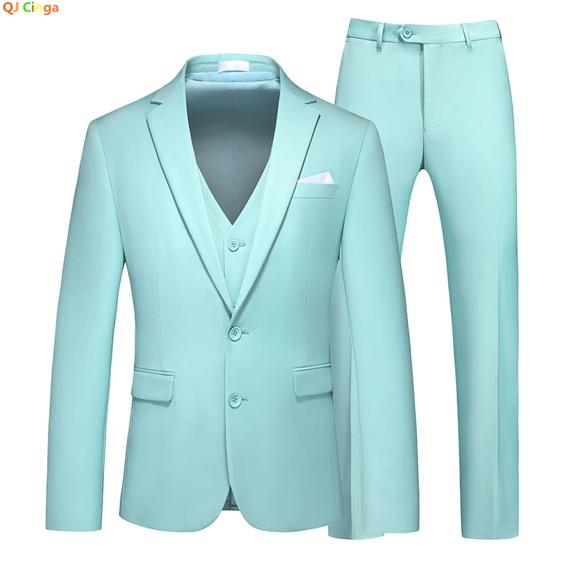 

QJ CINGA Light Green Men's Suit 3 Pieces (Jacket+Pants+Vest) White Black Gray Red Terno Masculino Fashion Slim Costume Homme 6xl