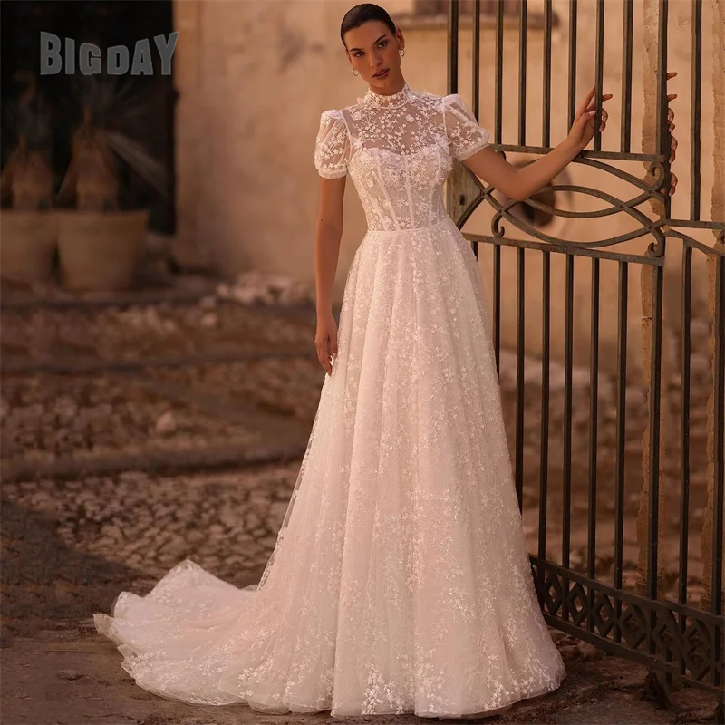 

Luxury A-Line Wedding Dress Women 2024 Illusion Back Short Sleeve Lace O-Neck Applique Bridal Gown Sweep Train Vestidos De Noiva