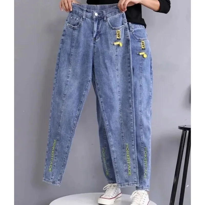 

Harem Jeans Women Korean Vintage Stretch Denim Pants Letter Embroidery Casual Ankle Length Kot Pantolones Baggy Hight Waist