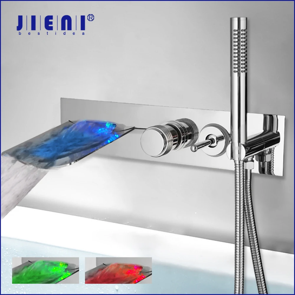 

JIENI Wall Mounted Waterfall Faucets Mixers Water Power LED Basin Mixer Chrome Pull Out Taps Handle Shower Bathtub LED Faucet