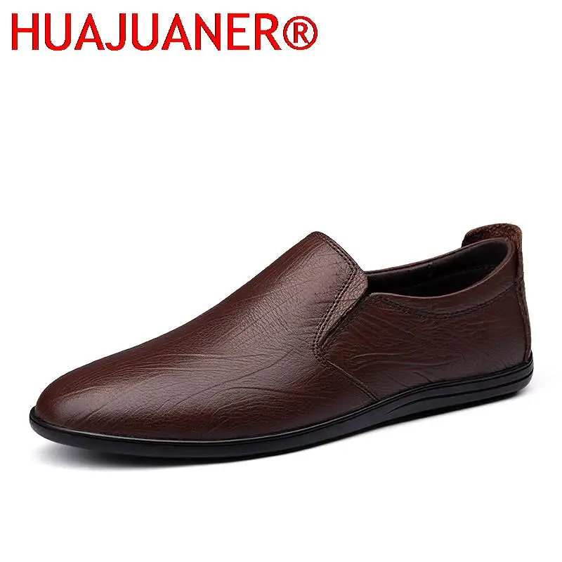 

New Italian Genuine Leather Shoes Men Loafers Casual Dress Flats Luxury Brand Soft Man Moccasins Comfy Slip On Formal Boat Shoes