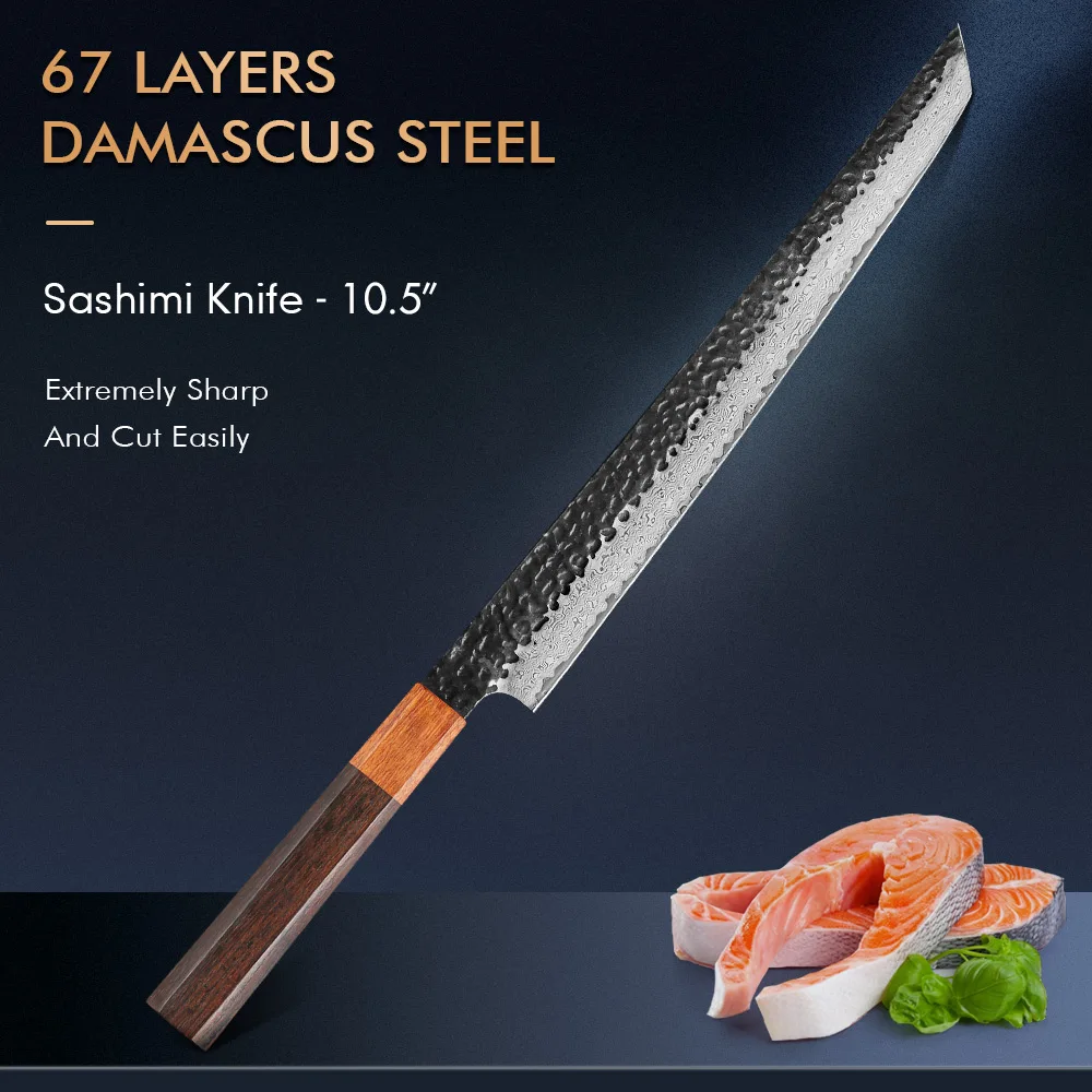 

TURWHO 10.5" Filleting Sushi Knives 67 Layer Damascus Steel Japanese Sashimi Chef Knife Sharp Slicing Cleaver Salmon Sushi Knife