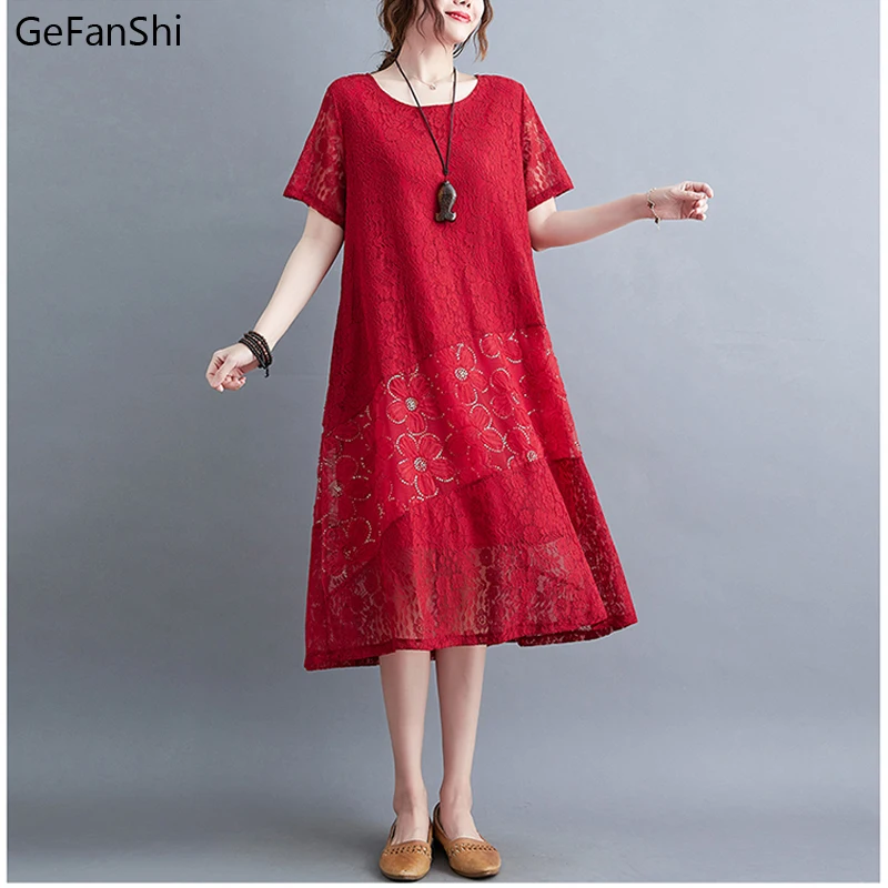

New Summer O-Neck Elegant Robe A-line Dress Vintage Solid Lace Floral Ladies Casual Loose Sweet Oversize Dresses For Women