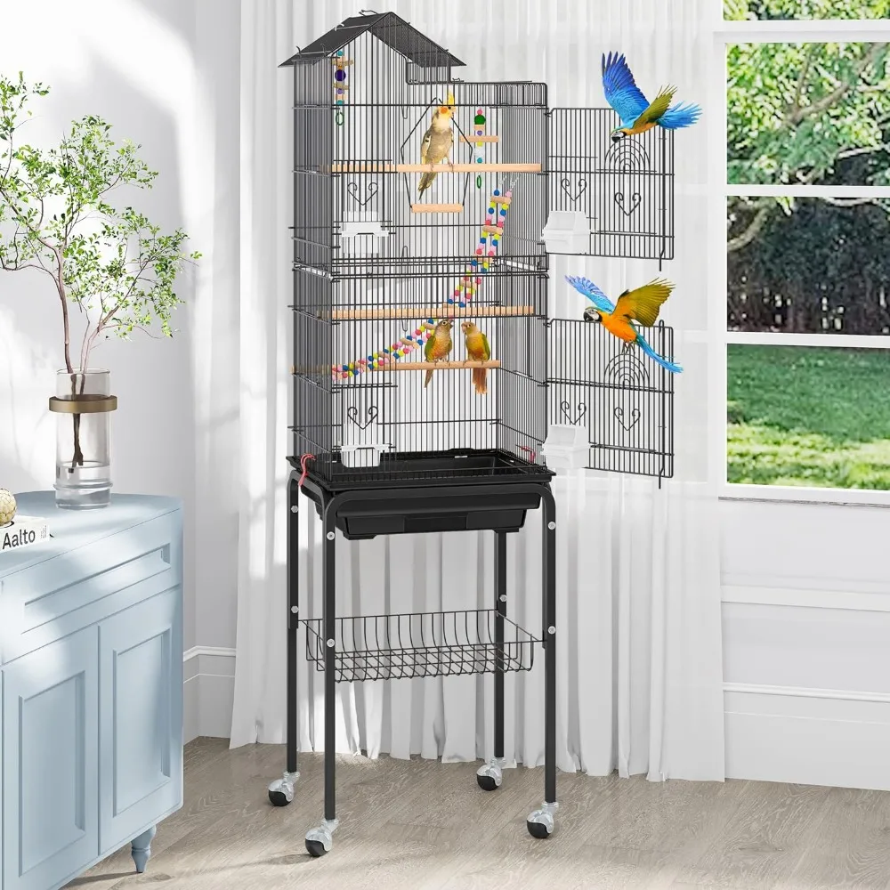 

62 inch Metal Bird Cage, Large Parakeet Cages for Parrot, Cockatiel, Lovebird, Pigeon with Roof Top, Rolling Stand