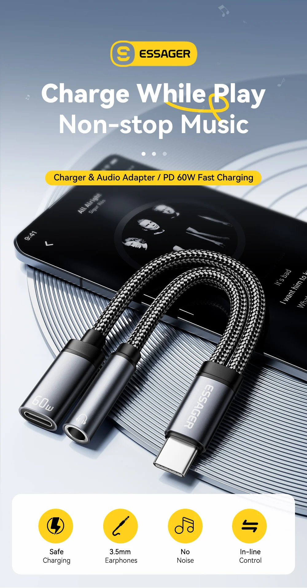 Essager 2 in 1 Type C to 3.5mm AUX Cable Headphone Adapter PD 60W Fast Charging for iPhone 16 15 Samsung Xiaomi 14 13 Tablet PC Essager 2 in 1 Type C to 3.5mm AUX Cable Headphone Adapter PD 60W Fast Charging for iPhone 16 15 Samsung Xiaomi 14 13 Tablet PC