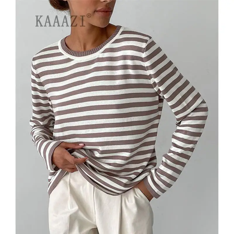 

KAAAZI Stripe O-neck Vintage Pullover Sweaters Autumn New Long Sleeve Streetwear Fashion Knitted Classic Slim Casual Women Top