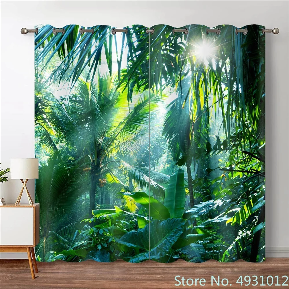 

2023 Forest Blackout Curtains Jungle Tree Nature Scenery Window Curtain Living Room Bedroom Waterfall Left Right Biparting Open