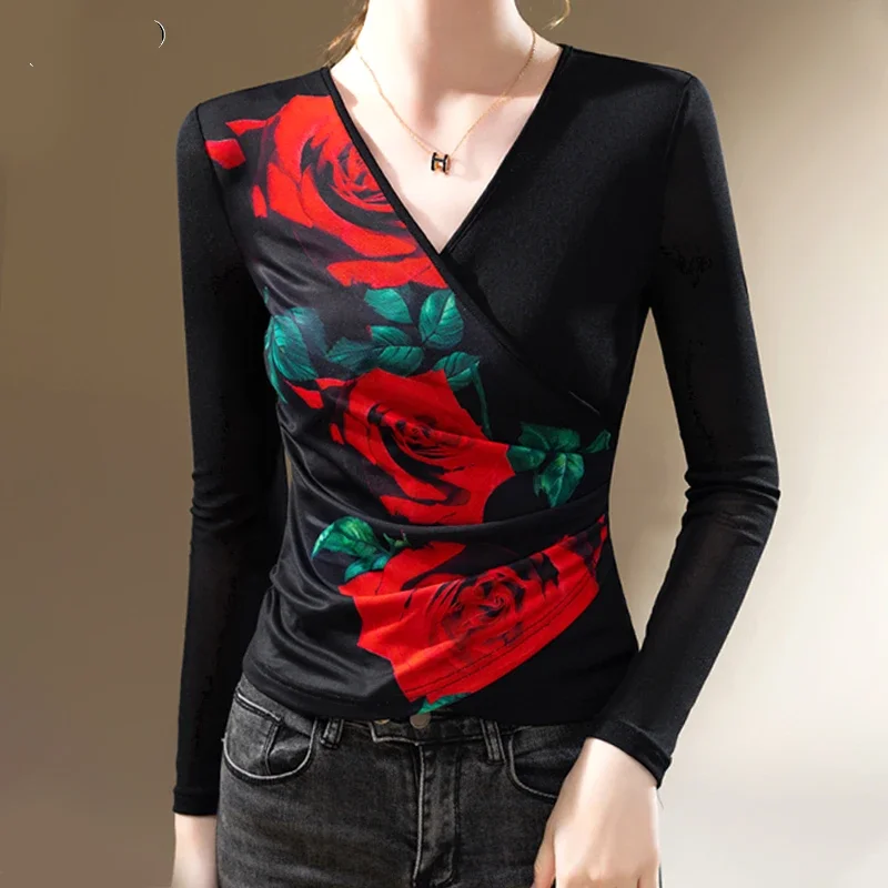 

Women Spring Autumn Season New V-neck Pullover T-shirt Fashion Elegant Printing Gauze Splicing Slim Versatile Long Sleeved Tops