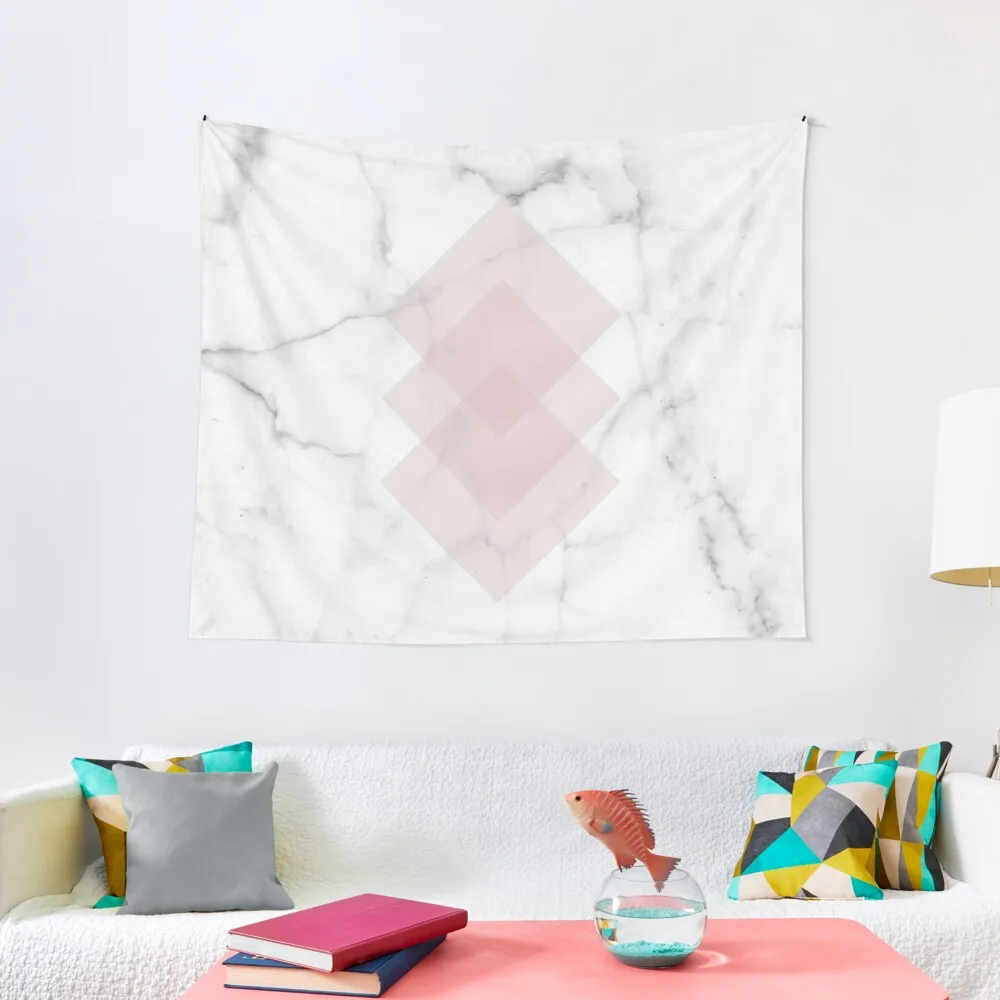 

White Marble Scandinavian Geometric Blush Pink Squares Tapestry Decorative Blankets