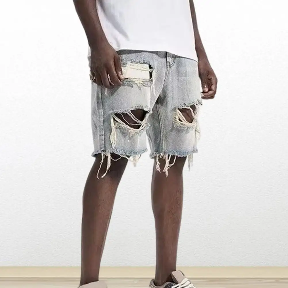 

Men Summer Distressed Denim Shorts Button Zipper Fly Multi Pockets Short Jeans Straight Fit Ripped Holes Knee Length Distressed