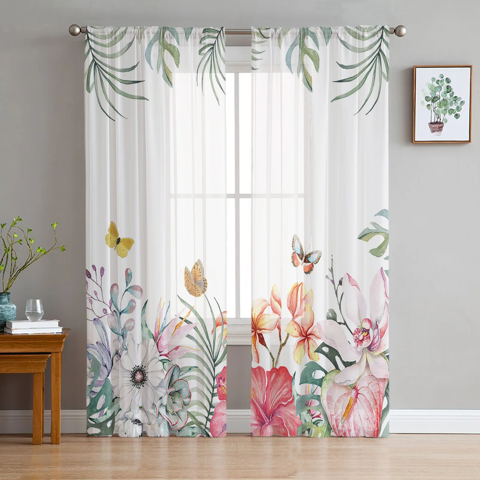 

Ins Tropical Plant Palm Banana Leaf Flower Tulle Curtains Living Room Bedroom Sheer Decor Chiffon Voile Kitchen Window Drapes