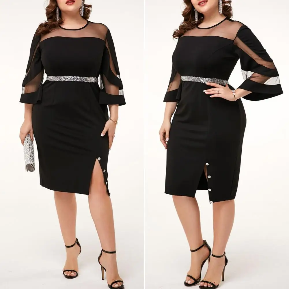 

Plus Size Women Dress Elegant Plus Size Midi Dress with Mesh Patchwork Shiny Sequin Detail for Women's Spring Fall Wardrobe