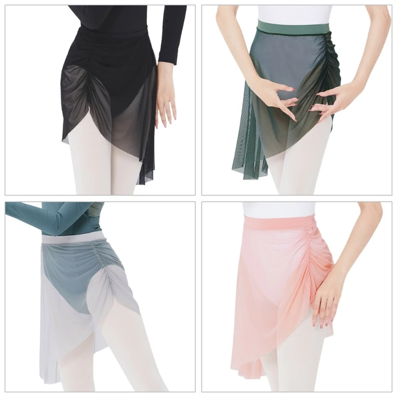 

Women Pull On Elastic Waist Ballet Skirt Side Ruched Asymmetrical Sheer Mesh Skirts Dance Wrap Skirt Tutus for Leotards