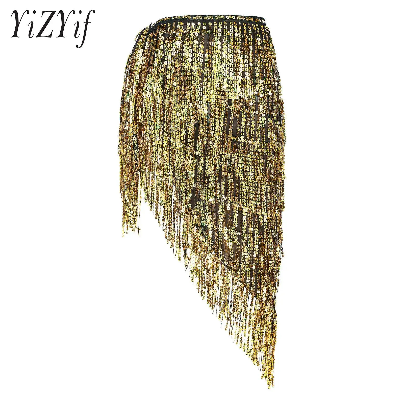 

Womens Belly Dance Hip-wrapping Skirt Sequin Tassels Ladies Performance Costume Lace-up Asymmetrical Hip Scarf Dancewear