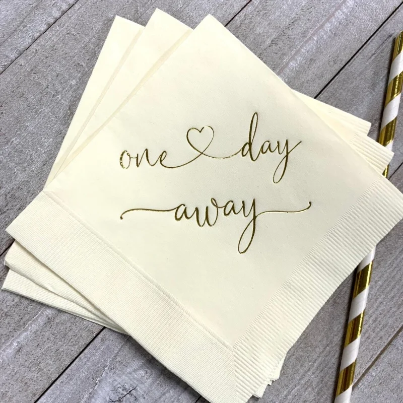 

50pcs Rehearsal Dinner Napkins Wedding Party Cocktail Beverage Size One Day Away Ecru Ivory with Metallic Gold Foil Print