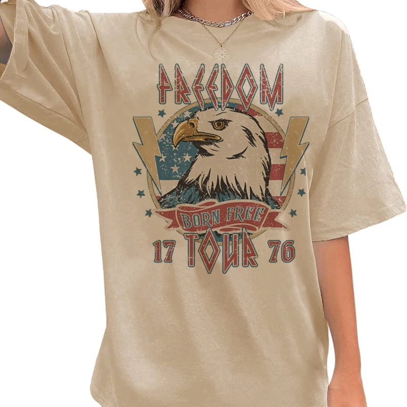 

Freedom Eagle Print Vintage Boho Women's T-Shirts Short Sleeve Patriotic Graphic Tees 4th of July T Shirt USA Flag Tshirt Tops