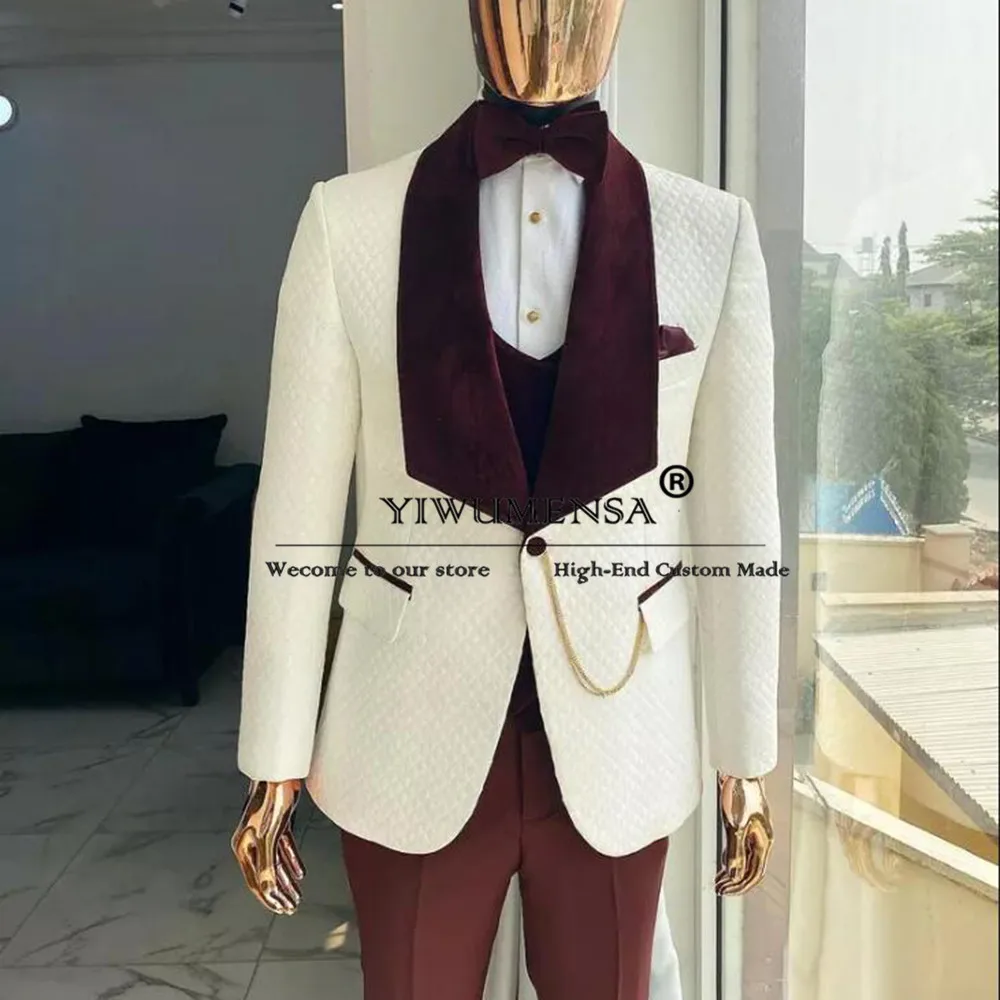 

Square Pattern jacquard Ivory Suit Men Burgundy Velvet Shawl Lapel Jacket Pants 2 Pieces Groom Wedding Man Tuxedos Custom Made