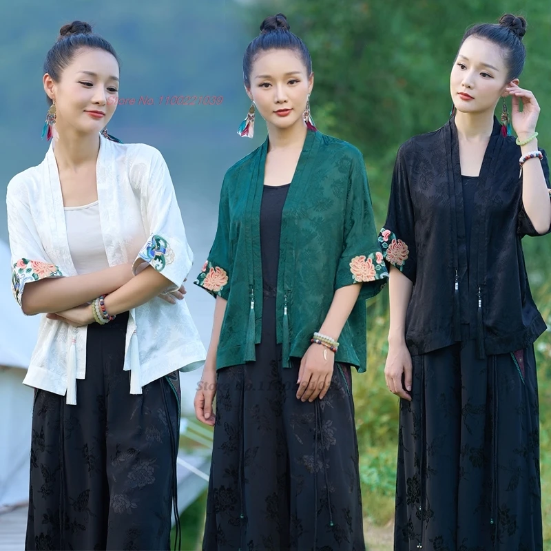 

2024 chinese ethnic blouse national flower embroidery traditional satin jacquard coat improved hanfu tops oriental tang suit
