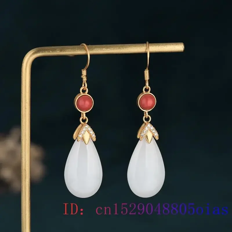 

White Jade Water drop Earrings Gemstone Women Natural Zircon Fashion 925 Silver Gifts Crystal Amulet Jewelry Chalcedony Charm
