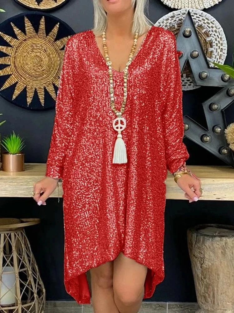 Fashion Sequin Party Dress For Women Loose Deep V-neck Long Sleeve Casual Female Clothing Red Black Irregular Beach Prom Dresses 
Fashion Sequin Party Dress For Women Loose Deep V-neck Long Sleeve Casual Female Clothing Red Black Irregular Beach Prom Dresses