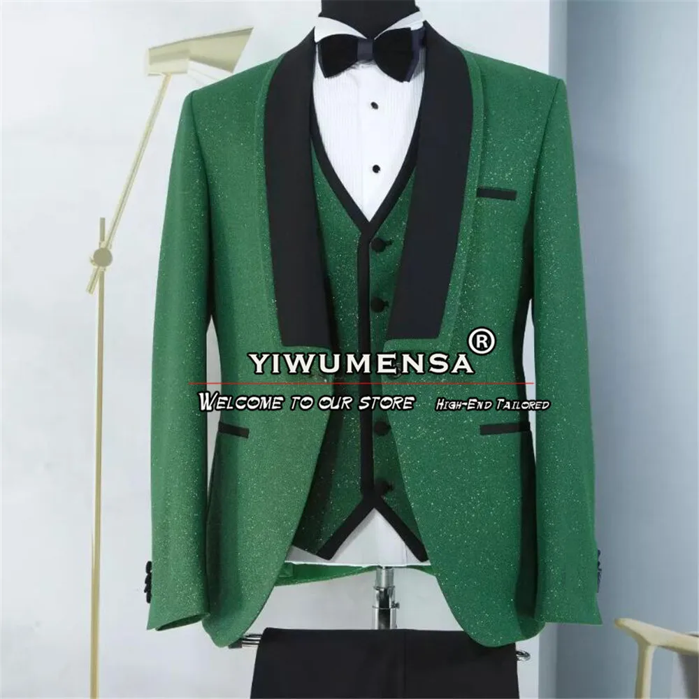 

Elegance Lurex Suits Men Slim Fit Black Notch Lapel Jacket Vest Pants 3 Pieces Bridegroom Wedding Tuxedos Bespoke Prom Blazers