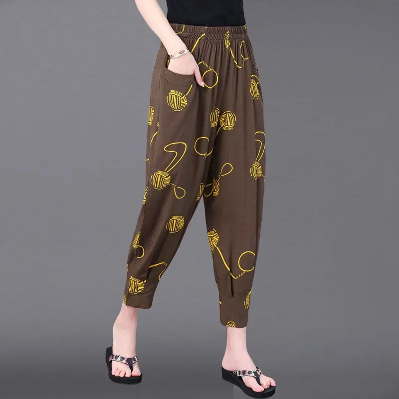 

2023 New Summer Retro Art High Waist Printed Bloomers Fashion Thin Oversize Loose Casual Versatile Nine Cent Harem Pants