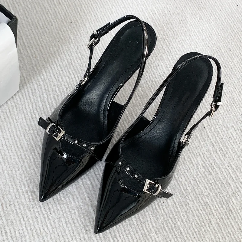 

New Summer Women's High-heeled Sandals Patent Leather Glossy One-line Straps Stiletto Pointed Toe Large Size French High Heels