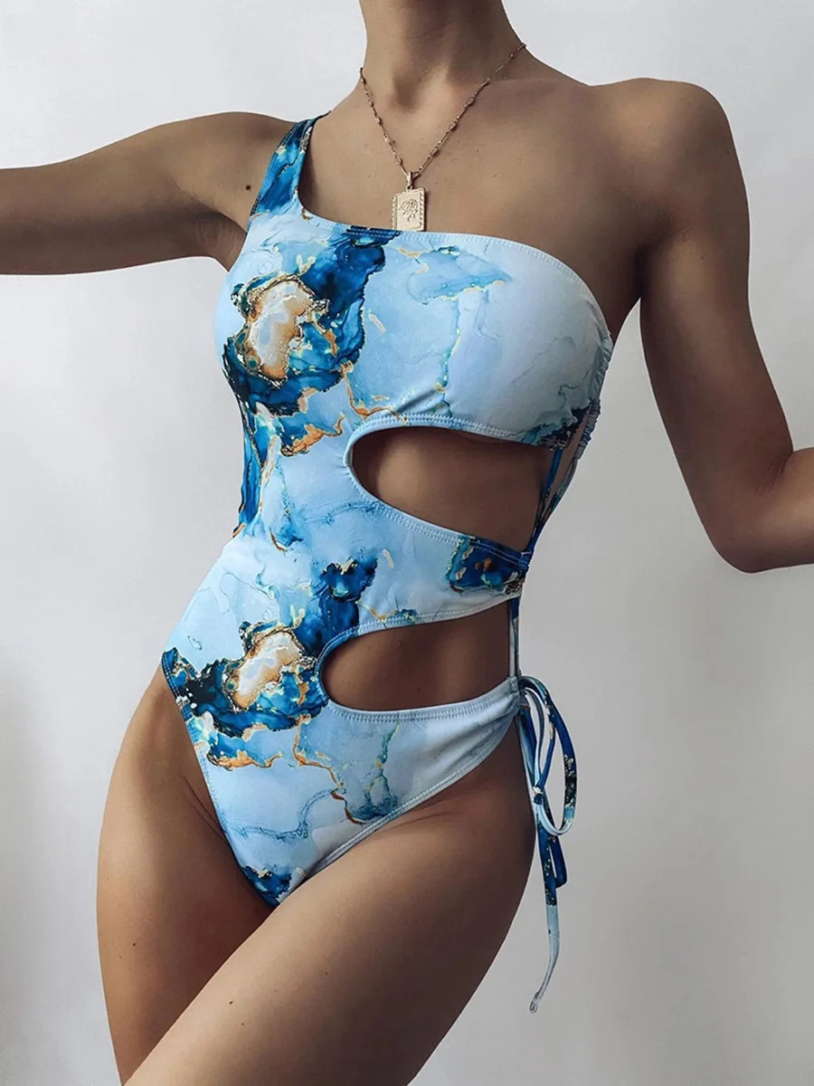 

New 2024 Sexy Marble Print One Shoulder Women Swimwear One Piece Swimsuit Female Monokini Bather High Cut Out Bathing Suit Swim
