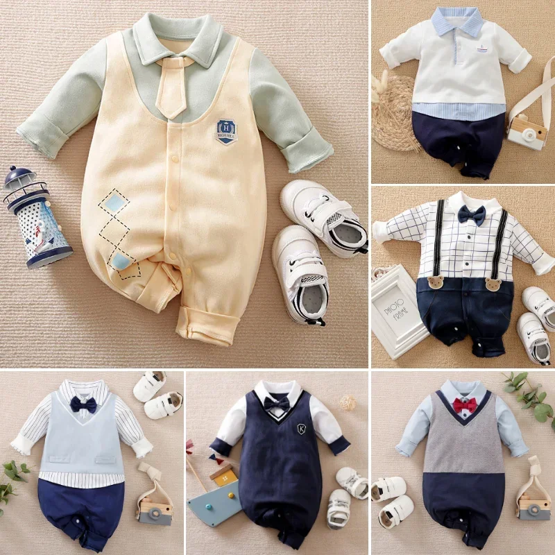 

Cotton Baby Boys Romper Infant Gentleman Suit Preppy Style Knitted Onesie Newborn Long Sleeves Handsome Clothes 0-12M