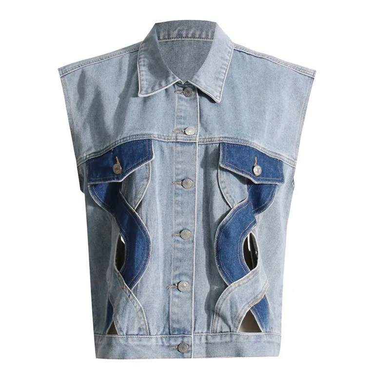 Denim Waistcoat For Women Lapel Sleeveless Hollow Out Spliced Single Breasted Waistcoats Female Fashion Temperament Korean
Denim Waistcoat For Women Lapel Sleeveless Hollow Out Spliced Single Breasted Waistcoats Female Fashion Temperament Korean