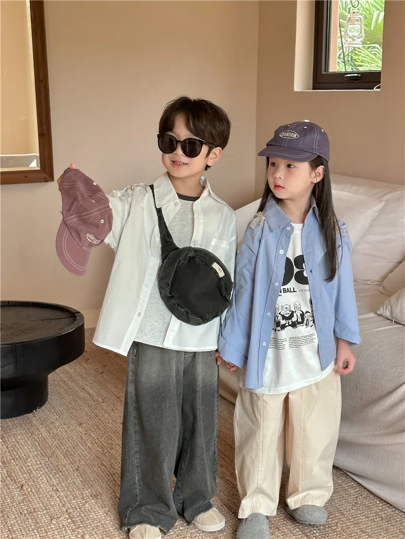 Детская рубашка, Новинка весна-осень 2023, модная Однотонная рубашка для мальчиков и девочек с лацканами, хлопковая Повседневная рубашка с потертостями для детей