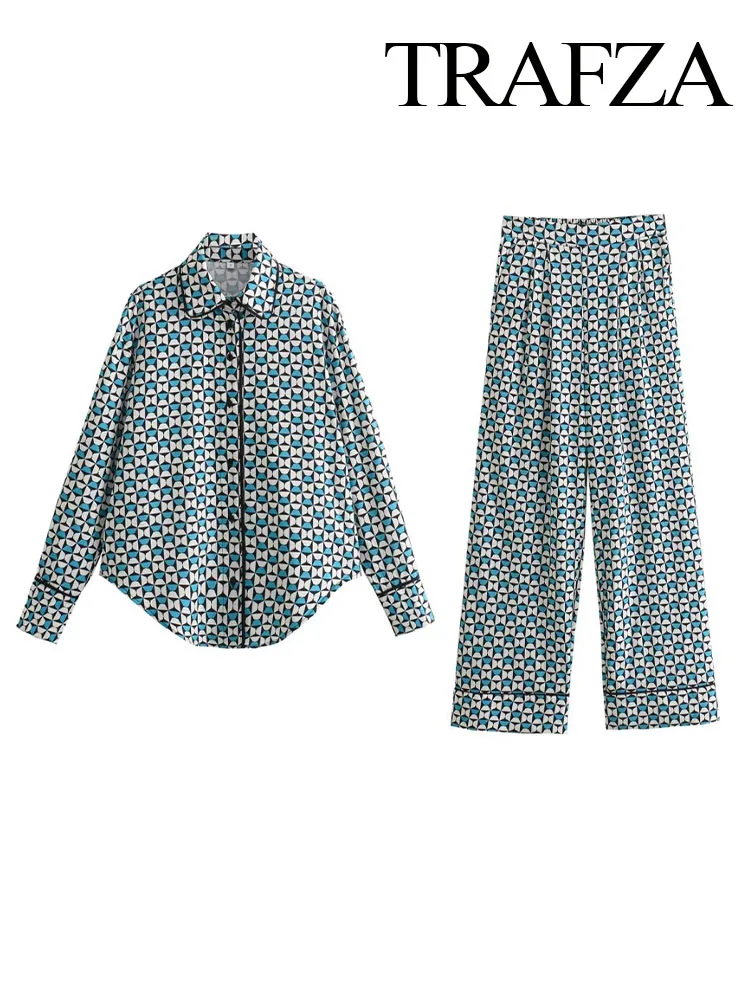 

TRAFZA Spring Women Fashion Print Turndown Collar Long Sleeve Shirts+Woman Casual Chic Elastic Waist Loose Pants 2 Piece Suit