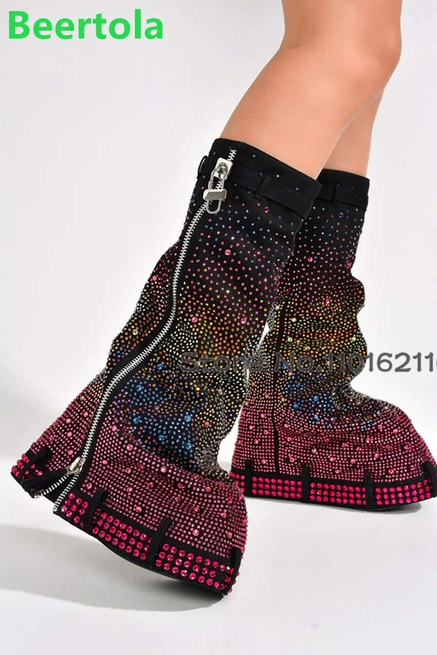 

Crystal Blinbling Metal Lock Shark Boots For Female Women 2023 New Wedges Heel Round Toe Side Zip Fashion Runway Winter Shoes