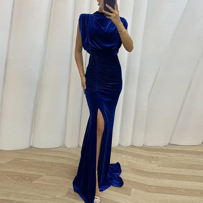 

Spring O-neck Solid Soft Velvet Mermaid Dress Women Sexy Lace-up Bow High Slit Long Dress Summer Sleeveless Hollow Party Dresses