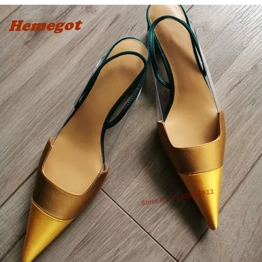 

Pointy Toe Satin Slingback Pumps Yellow Slip On Chunky Heels Newest Women's Sandals Patchwork Party Runway Shoes Elegant Casual