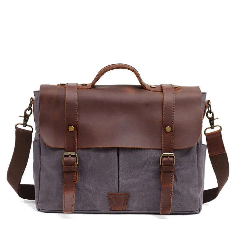 

Fashion casual men's briefcase business portable oil wax canvas stitching leather shoulder messenger bag real bags