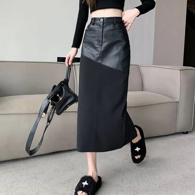 

DAYIFUN PU Leather Stitching Design Skirts Female Autumn Winter Mid Length Black High Waisted A-line Skirt 2024 Women's Clothing