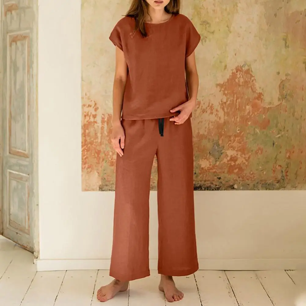 Women Wide Leg Trousers Suit Women's Two-piece Set With Short Sleeves O Neck Top Wide Leg Pants With Drawstring Waist Side
Women Wide Leg Trousers Suit Women's Two-piece Set With Short Sleeves O Neck Top Wide Leg Pants With Drawstring Waist Side