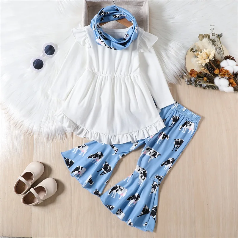 

Baby Girl Fall Winter Clothes Bell Bottom Outfits Ruffle Long Sleeve Tunic Dress Top Floral Flare Pant Headband Set