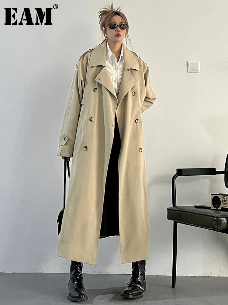 

[EAM] Women Apricot Big Size Long Trench New Lapel Long Sleeve Loose Fit Windbreaker Fashion Tide Spring Autumn 2023 1DF6659