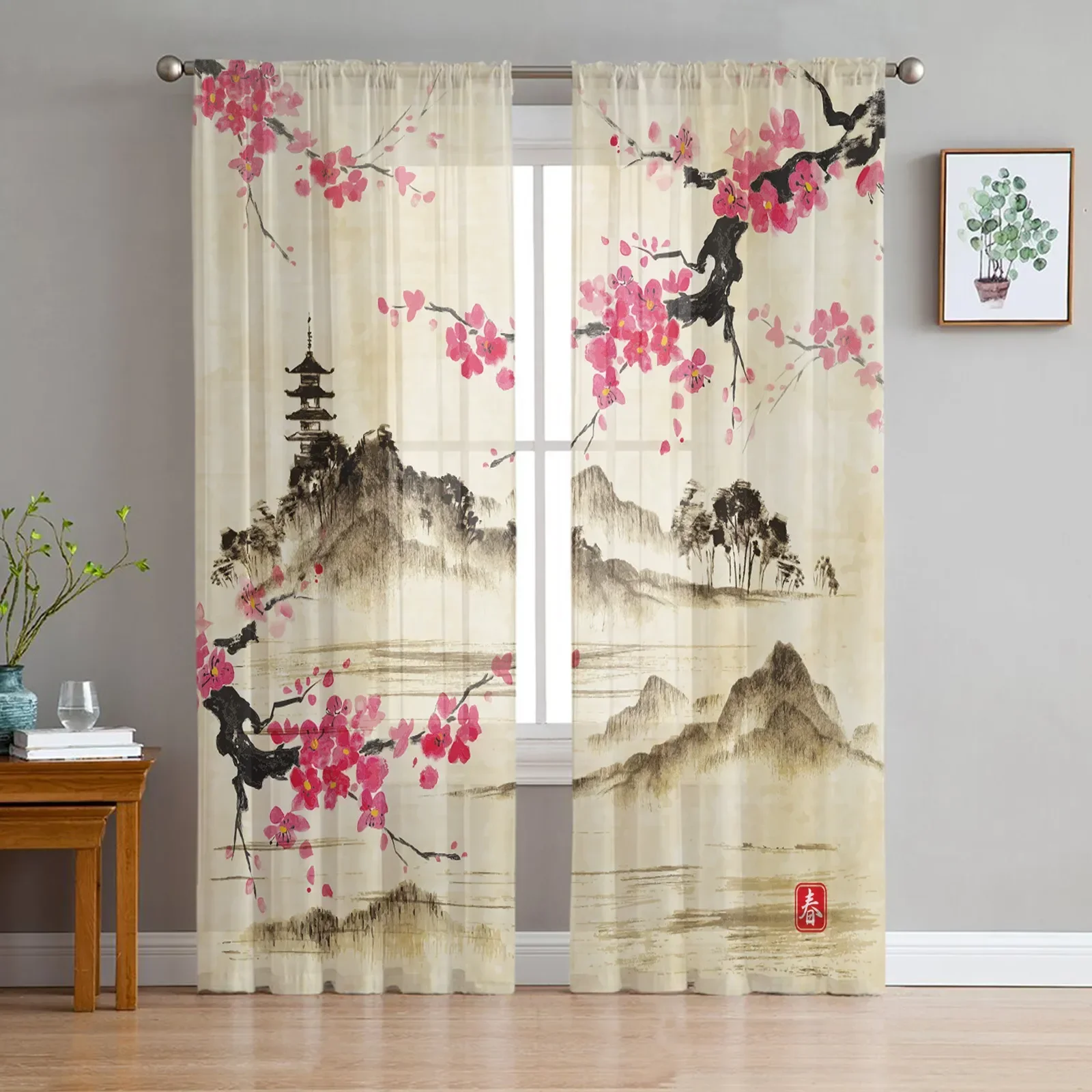 

Chinese Style Ink Painting Flowers Landscape Tulle Sheer Curtains for Living Room Bedroom Window Curtain Voile Organza Drapes