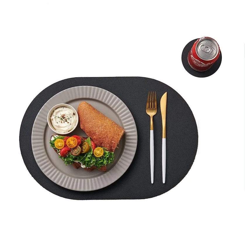 

Inyahome Faux Leather Black Table Placemats and Coasters Set of 1/4/6 Dual-Color Oval Round PU Kitchen Dinnerware Table Mat Pad