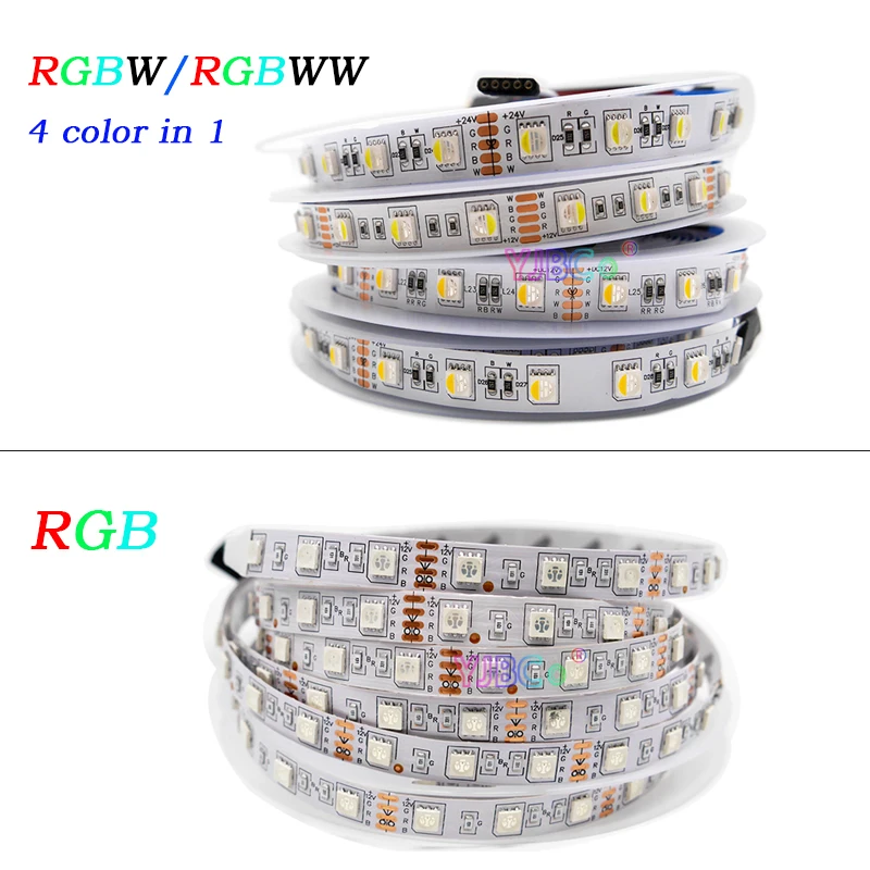

5m RGBW/RGBWW 4 in 1 LED Strip Light 12V 24V DC SMD 5050 flexible Lamp Tape 60Leds/m IP30/IP65/IP67 White PCB RGB ligth bar