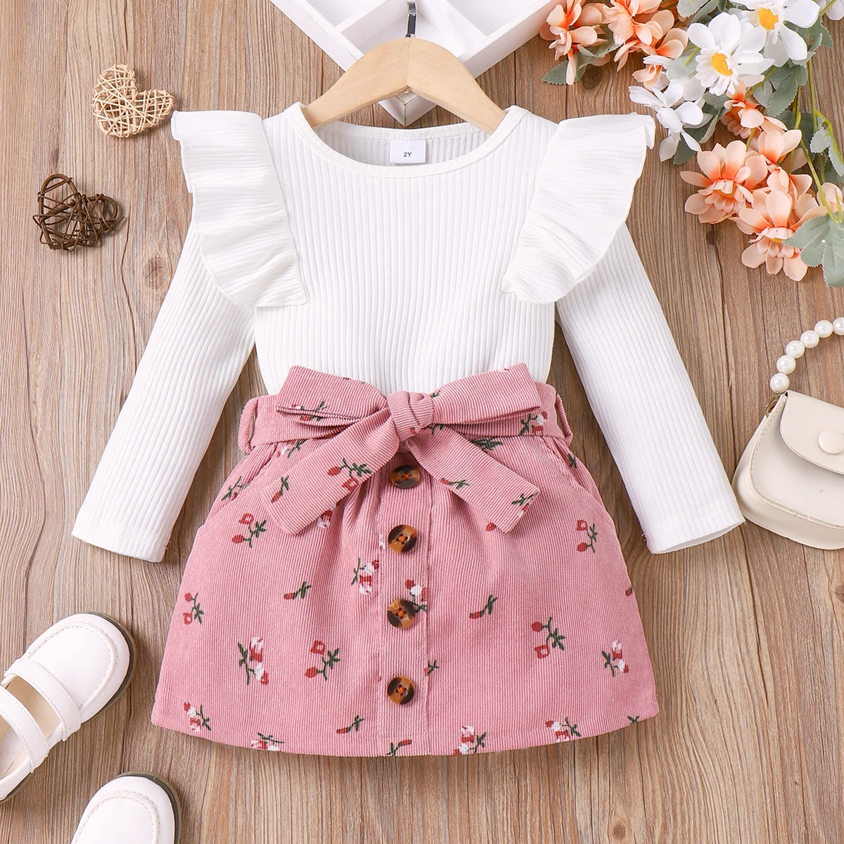 

PatPat 2pcs Toddler Girl 95% Cotton Ruffle Ribbed Solid Long-sleeve Tee and Allover Floral Print Belted Skirt Set
