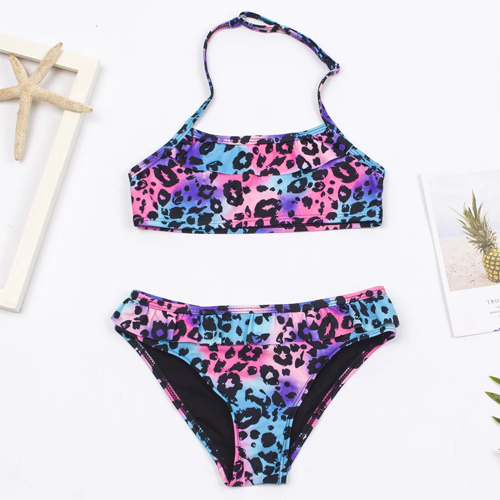 

7-14 Years Leopard Falbala Girls Kids Bikinis 2023 Summer Outdoor Beach Children Teens Swimsuit Swimwear Ruffle Kids Biquinis