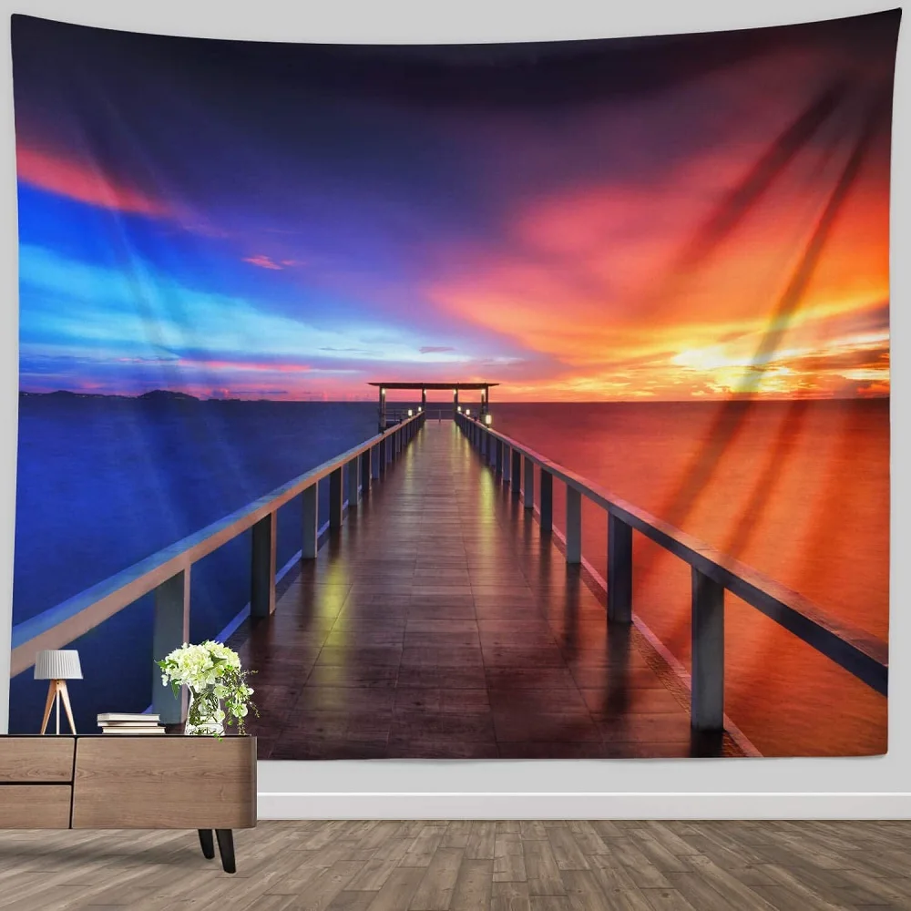 

Blue Ocean Tapestry Wooden Bridge Under Colorful Sunset Sky Seaside Scenery Tapestries Bedroom Living Room Decor Wall Hanging